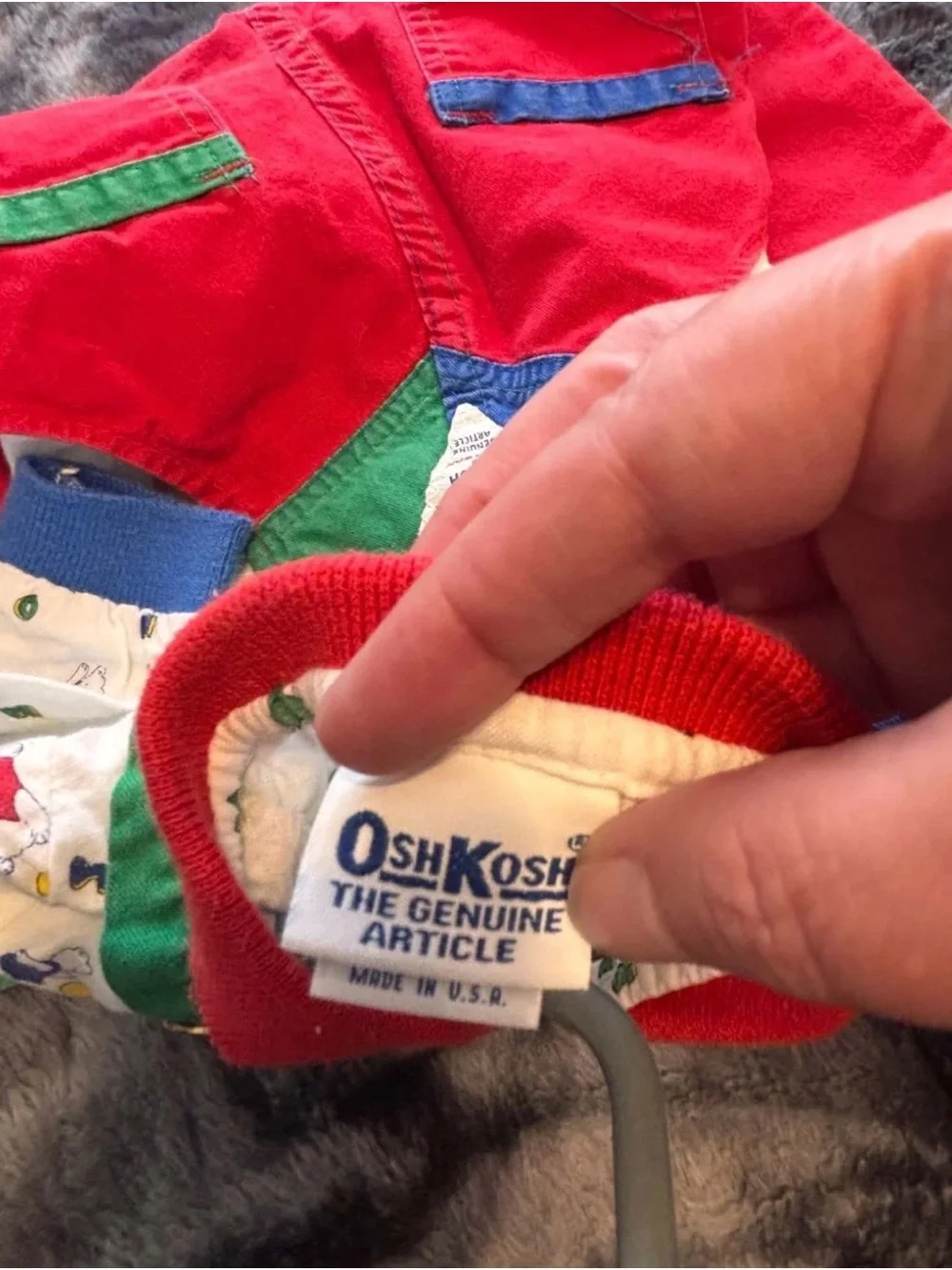Vintage OshKosh B'gosh Bright Red Overalls with Green & Blue Accents and shirt
